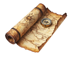 a map is rolled up and a compass is placed on top of it