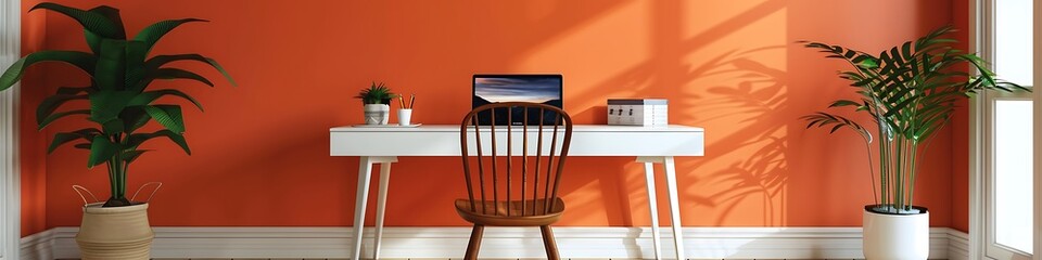 Wall Mural - Office with orange wall, white desk, laptop, wooden chair, modern interior design, stock photo for text, high resolution.