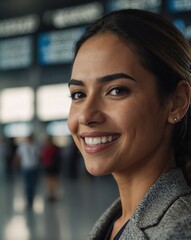 Wall Mural - hispanic woman airport terminal background smiling happy portrait with copy space