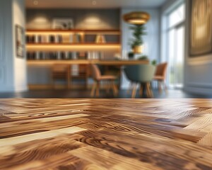 Chevron-patterned table, Scandinavian style, natural light, wood grain, blurred background, chair and bookcase, wall art.