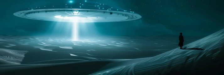 Wall Mural - UFO spaceship travels around planet earth. Hidden alien base in the Sahara desert.