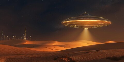 Wall Mural - UFO spaceship travels around planet earth. Hidden alien base in the Sahara desert.