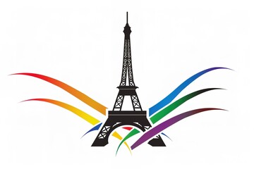 Wall Mural - The logo for the Paris Olympic Games features an Eiffel Tower with five colored stripes in the style of minimalism. It has a simple, flat design with a black outline on a white background. 