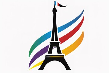 Wall Mural - The logo for the Paris Olympic Games features an Eiffel Tower with five colored stripes in the style of minimalism. It has a simple, flat design with a black outline on a white background. 