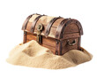 © korawik - A wooden chest with a lock on it is sitting on a sandy beach