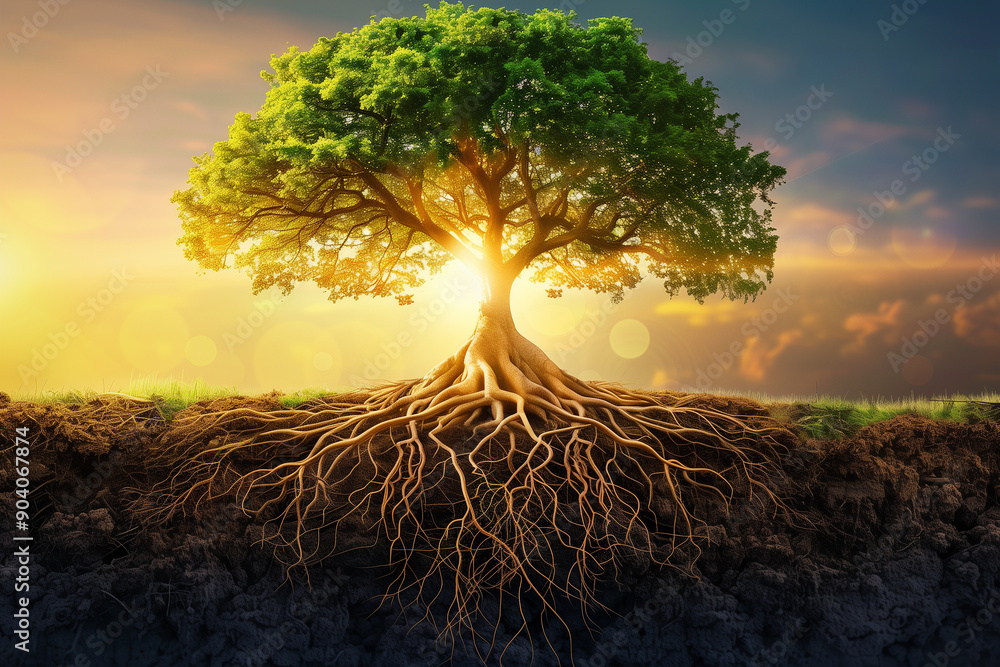 Symbol of Sustainability, Tree with Roots and Leaves, A large healthy ...