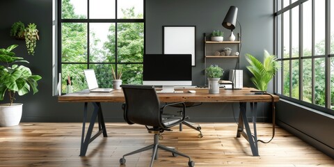 Aufkleber - An empty wood table in a stylish home office, ready for productive work sessions and creative projects