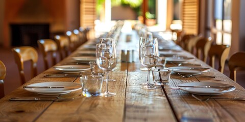 Poster - A large empty wood table in a banquet hall, prepared for an elegant dinner or special event