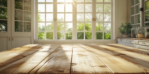 Aufkleber - An empty wood table in a bright, airy kitchen, with sunlight streaming through large windows