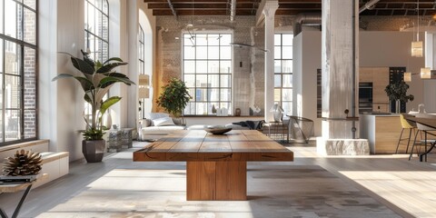 Aufkleber - An empty wood table in a chic urban loft, surrounded by modern furniture and decor