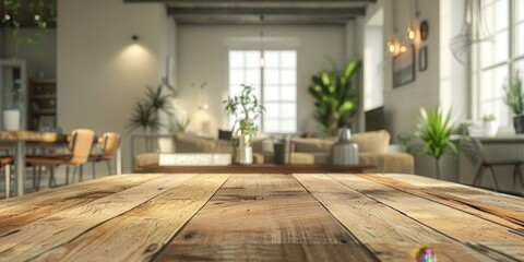 Aufkleber - An empty wood table in a chic urban loft, surrounded by modern furniture and decor