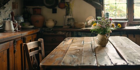 Poster - An empty wood table in a quaint country cottage, offering a charming and nostalgic setting
