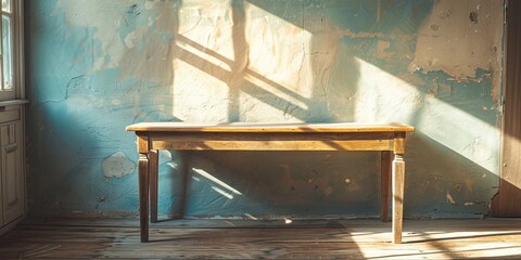 Aufkleber - A rustic empty wood table in a sunlit room, casting soft shadows and inviting a sense of tranquility and simplicity