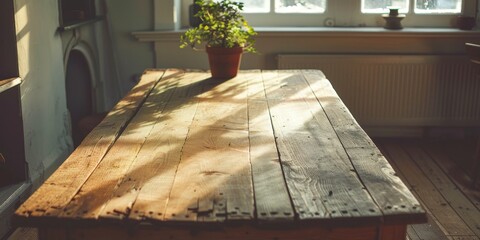 Aufkleber - A rustic empty wood table in a sunlit room, casting soft shadows and inviting a sense of tranquility and simplicity