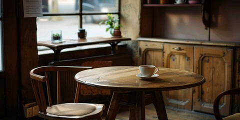 Aufkleber - An empty wood table in a cozy cafT, waiting for customers to enjoy their coffee and pastries