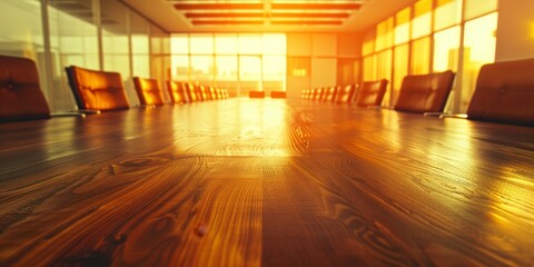 Aufkleber - A long empty wood table in a conference room, set for a professional meeting or corporate event