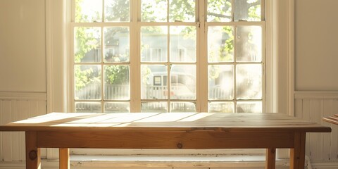Aufkleber - An empty wood table by a large window, bathed in natural light and offering a perfect spot for reading or working