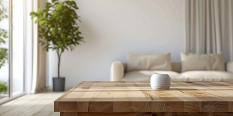 Aufkleber - A minimalist empty wood table in a sleek, modern living room, showcasing clean lines and contemporary design