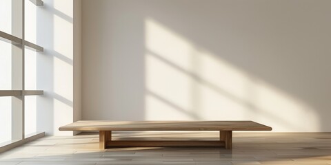 Fototapete - A minimalist empty wood table in a sleek, modern living room, showcasing clean lines and contemporary design