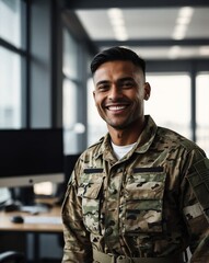 Wall Mural - male soldier in modern office background smiling happy portrait with copy space