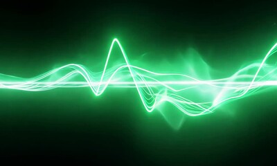 Wall Mural - Emerald Energy Flow: A captivating abstract image of glowing, vibrant emerald green energy waves flowing across a dark background, evoking a sense of power, dynamism, and innovation. 