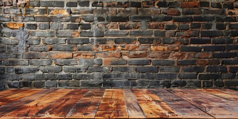 Aufkleber - An empty wood table set against a brick wall, creating a contrast between natural textures and industrial elements