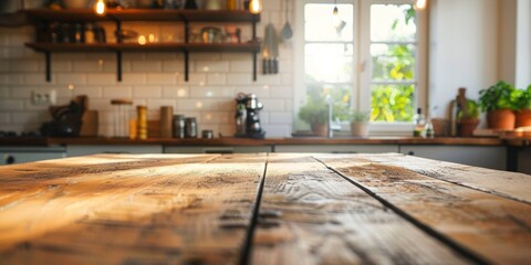 Aufkleber - A farmhouse-style empty wood table in a kitchen, ready for a hearty family breakfast or dinner