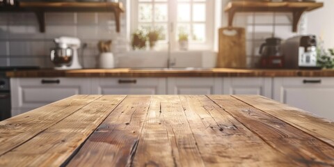 Aufkleber - A farmhouse-style empty wood table in a kitchen, ready for a hearty family breakfast or dinner