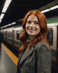 Wall Mural - redhead woman subway train platform background smiling happy portrait with copy space