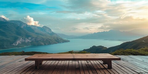 Aufkleber - An empty wood table on a patio, overlooking a scenic view of mountains or the ocean