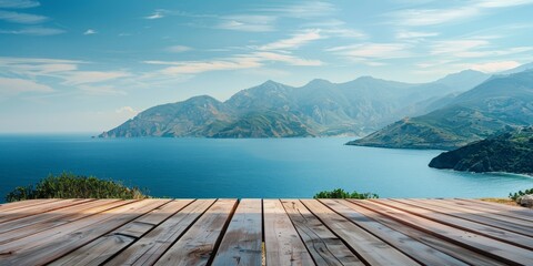 Aufkleber - An empty wood table on a patio, overlooking a scenic view of mountains or the ocean