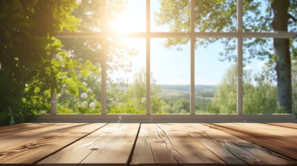 Poster - A wooden table with a view of a sunny summer landscape through a window