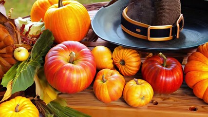 Poster - A field of pumpkins and leaves with a bright orange sky in the background. Autumnal harvest, Thanksgiving festive decor