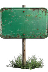 Old, weathered green sign with rust spots and peeling paint on a wooden post surrounded by vegetation. Perfect for vintage or rustic themes.