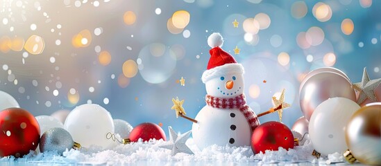 Poster - Snowman surrounded by balloons stars and bokeh on a white backdrop providing a festive copy space image