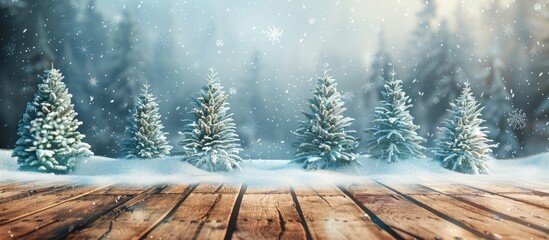 Aufkleber - Snow covered forest with snow covered fir trees on wooden flooring in a winter Christmas landscape perfect for a copy space image