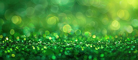 Fototapete - A vibrant and blurry St Patrick s Day themed background with shimmering green glitter ideal for showcasing text or images. Creative banner. Copyspace image