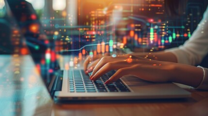 Fototapete - Businesswoman's hands typing on a laptop with colorful graphs and charts around.