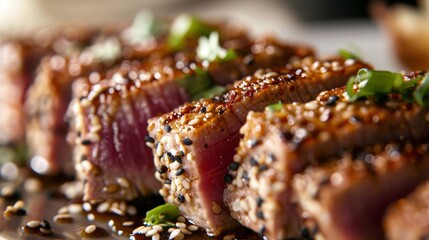 Wall Mural - Close-up of a beautifully seared tuna steak with a sesame crust and soy glaze.