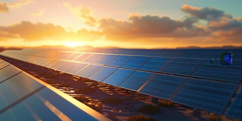 A solar farm in the desert, rows of panels glinting under the sun, generating vast amounts of clean energy