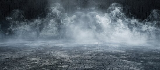 Poster - Smoke hovers over an empty terrazzo stone floor against a dark backdrop with copy space image available