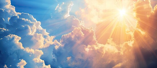 Wall Mural - image of sunrays filtered through clouds by a vibrant sun against a stunning sky creating an artisti