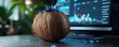 © MNFTs - A coconut adorned with blue decorations resting on a desk beside a computer, blending nature with technology.