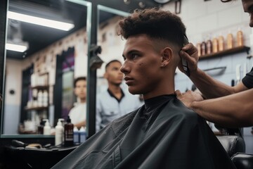 Man getting haircut by male hairdresser at barbershop Two men, young man getting haircut by male hairdresser while sitting in chair at barbershop