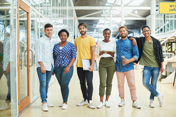 Poster - Business people, group and portrait in creative workspace with technology, collaboration and web design. Designer team, digital devices and employees with pride, cooperation and workplace community