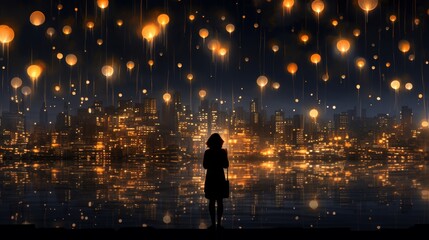 Wall Mural - Cityscape beautifully illuminated by lanterns presenting a mesmerizing view at night