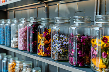 Jars of flowers on the shelves of a florist pharmacy. Concept of floratherapy, Bach flowers and alternative medicine