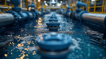 Wall Mural - Industrial Water Control Valves. Close-up of industrial water control valves in a plant, highlighting the engineering and precision in water management systems.