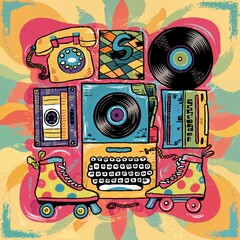 A vibrant collage showcasing a vintage telephone, retro roller skates, and classic music items in bright colors