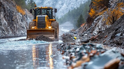 Wall Mural - Bulldozer Clearing Path in Hydro Project Area. Bulldozer clears a path in an area likely associated with a hydroelectric project, showcasing the construction and maintenance efforts.